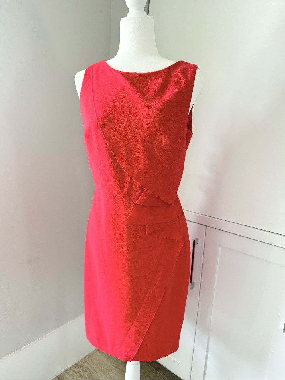 Ann Taylor Coral-Red Sleeveless Sheath Dress with Draped Overlay